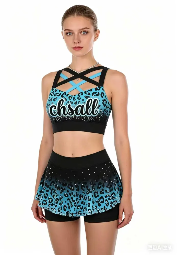 Customizable Cheerleading Uniform Sparkle Rhinestone Leopard Print Crop Top Skort High Stretch Cheer Teams Dance Teams – photo 2