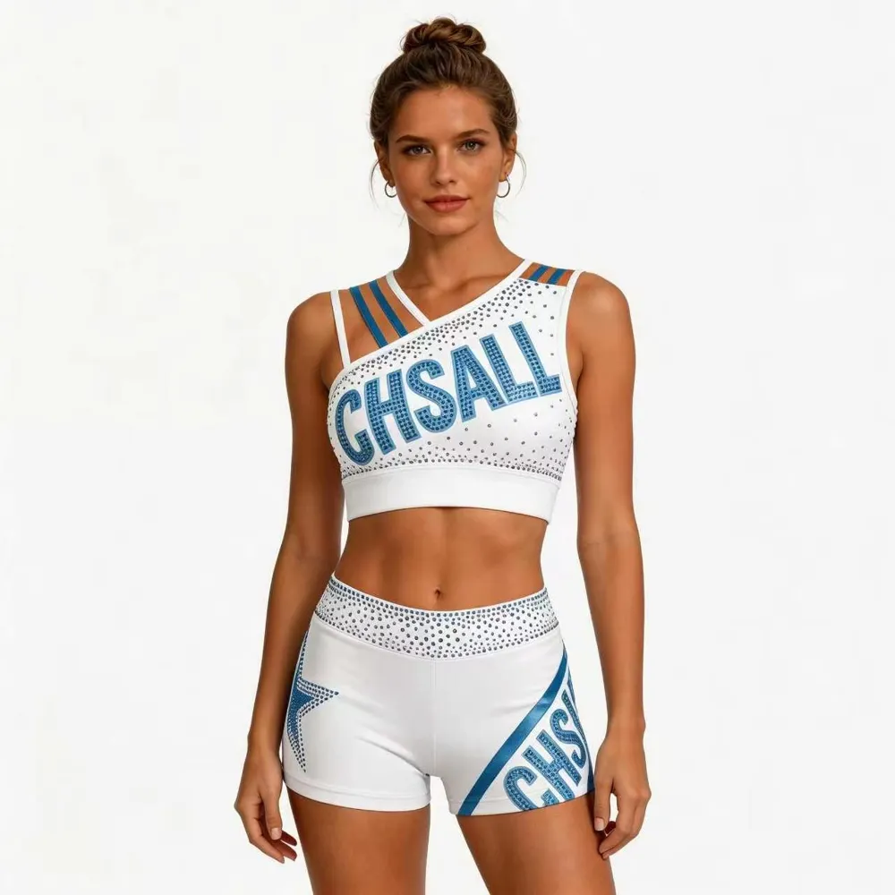 Rhinestone One Shoulder Strap Crop Top Shorts Two Piece Set Girls Competition All Star Cheerleading Uniform – photo 5
