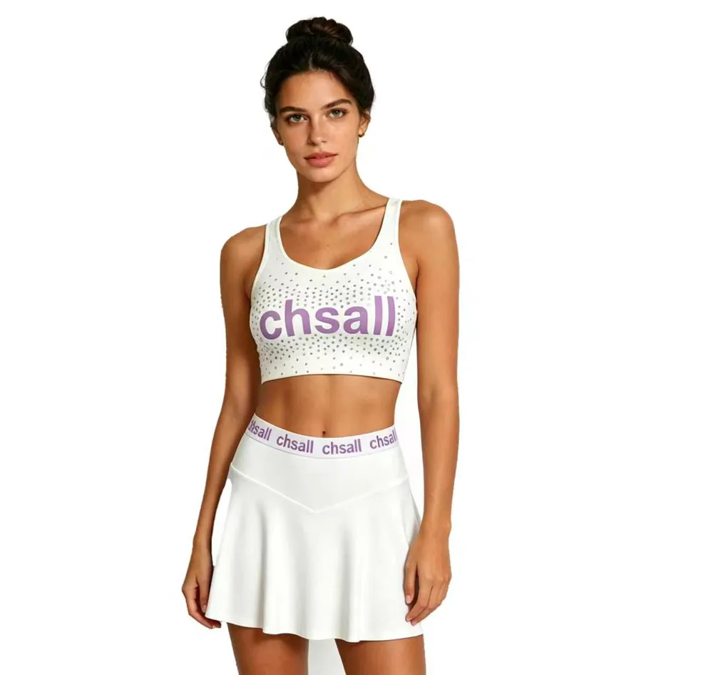 White Rhinestone Letter Print Cheer Sports Bra & High Waist Skirt Two-Piece Training Cheer Uniform – photo 5