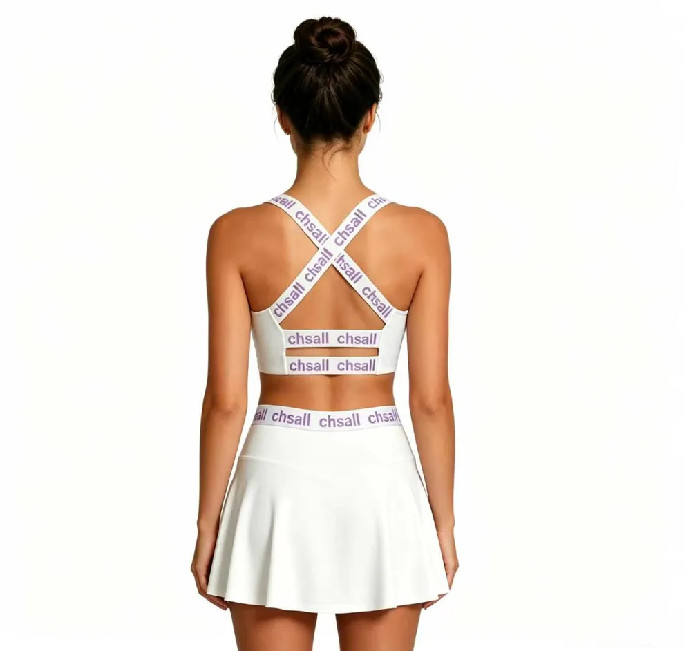 White Rhinestone Letter Print Cheer Sports Bra & High Waist Skirt Two-Piece Training Cheer Uniform – photo 6