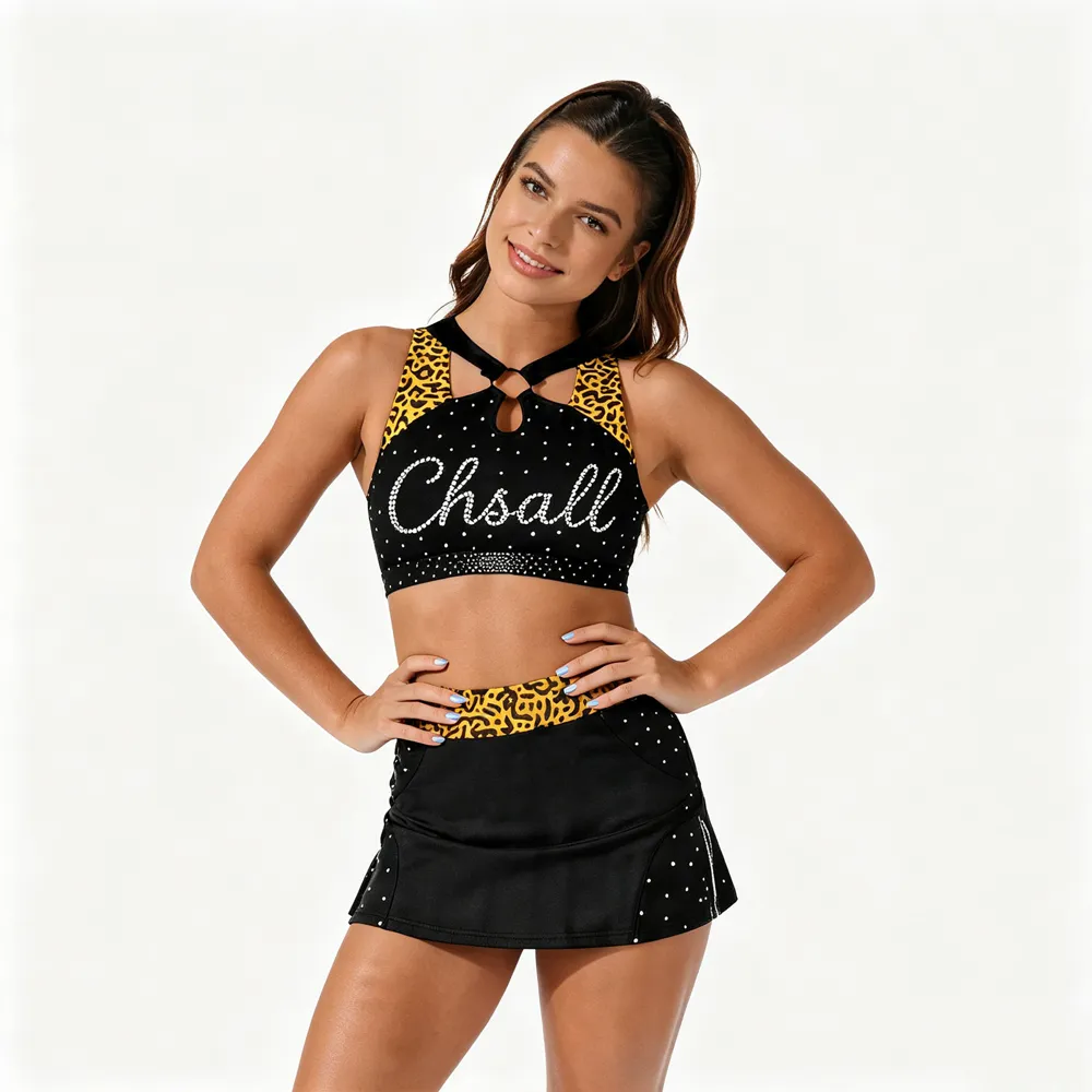 Cheerleading Uniform Rhinestones Shirts & Tops Leopard Print Crop Top Cheer Uniform Teams Dance Wear – photo 2