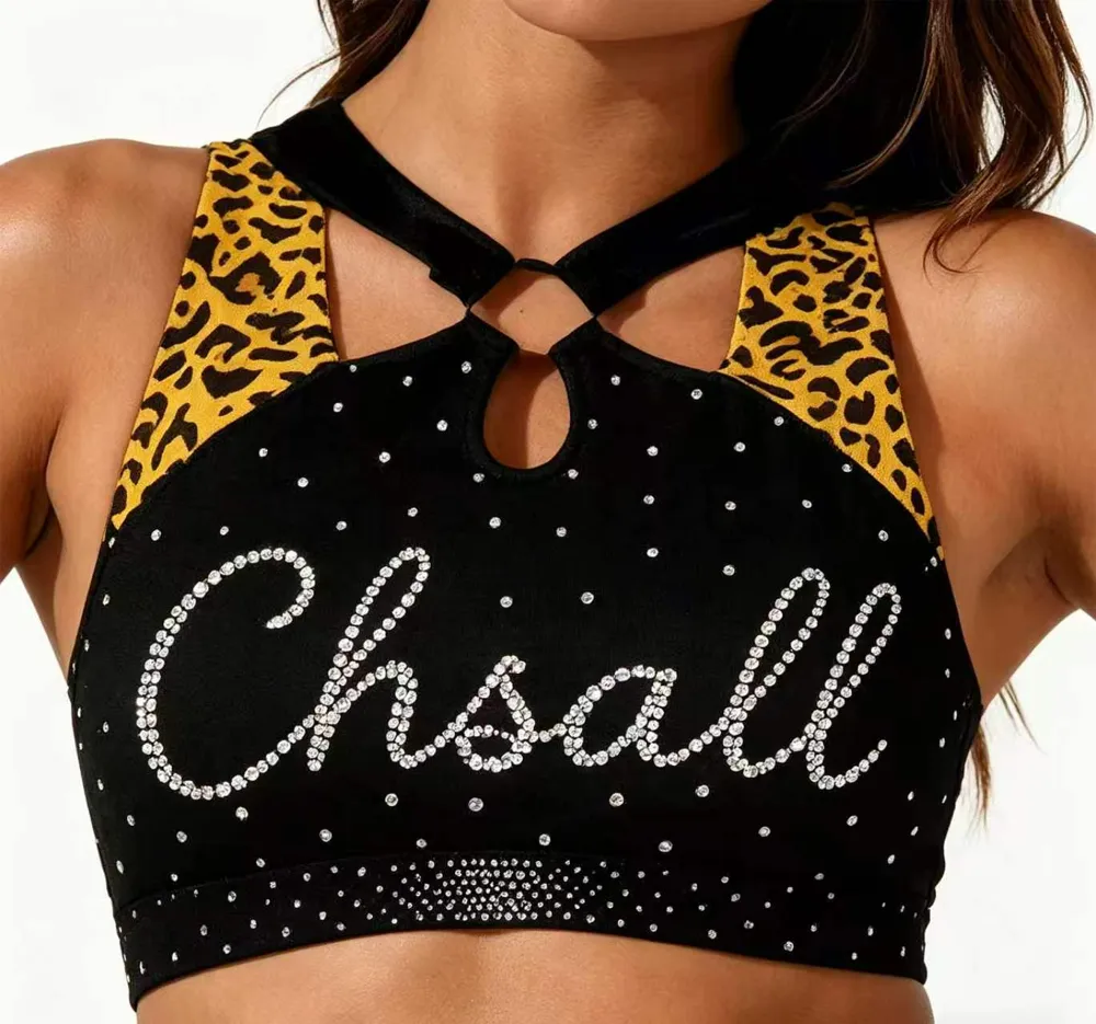 Cheerleading Uniform Rhinestones Shirts & Tops Leopard Print Crop Top Cheer Uniform Teams Dance Wear – photo 3