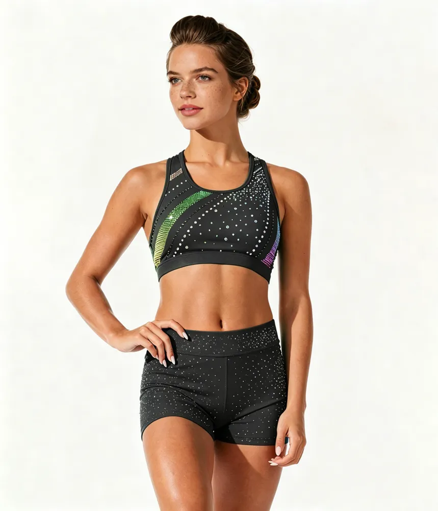 Rainbow Rhinestones Grey Shirts & Tops Wear Sparkle Racerback Shiny Cheerleading Practice Wear Shell Short Uniform – photo 2