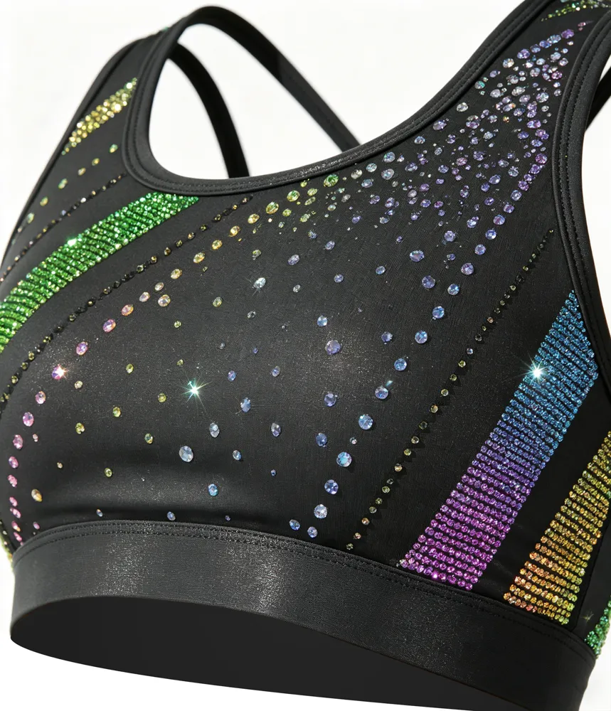 Rainbow Rhinestones Grey Shirts & Tops Wear Sparkle Racerback Shiny Cheerleading Practice Wear Shell Short Uniform – photo 3