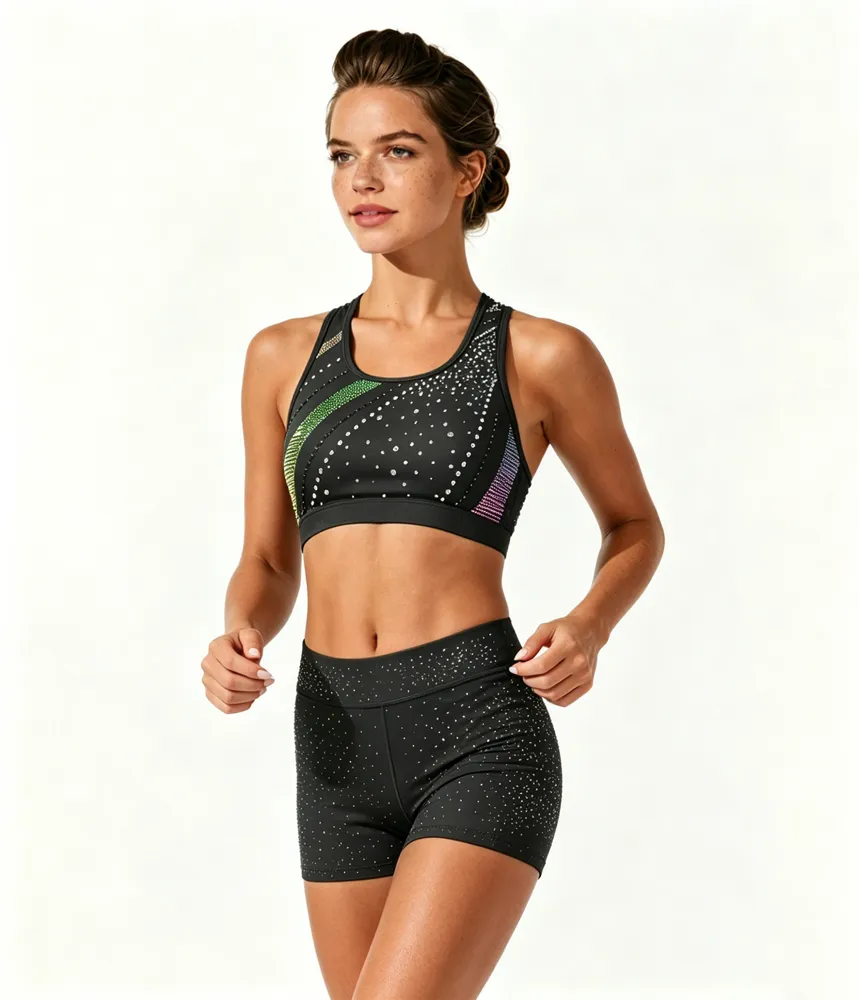 Rainbow Rhinestones Grey Shirts & Tops Wear Sparkle Racerback Shiny Cheerleading Practice Wear Shell Short Uniform – photo 5