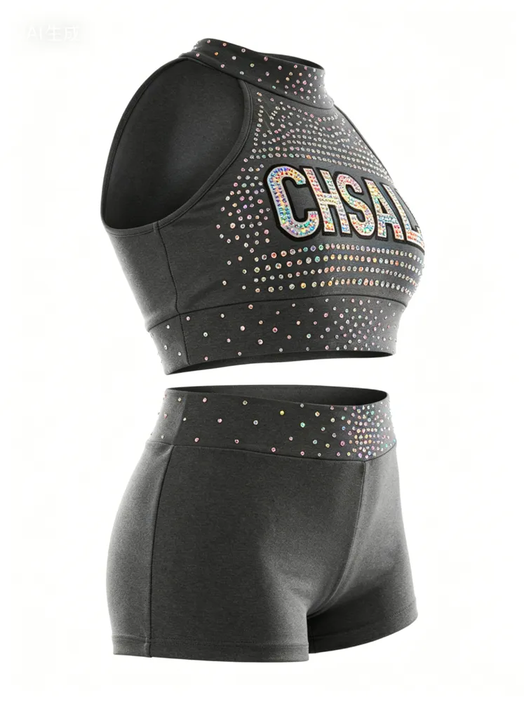 Rainbow Rhinestones Grey Shirts & Tops Sparkle Halter Off-shoulder Shiny Cheerleading Practice Wear Short Uniform – photo 3