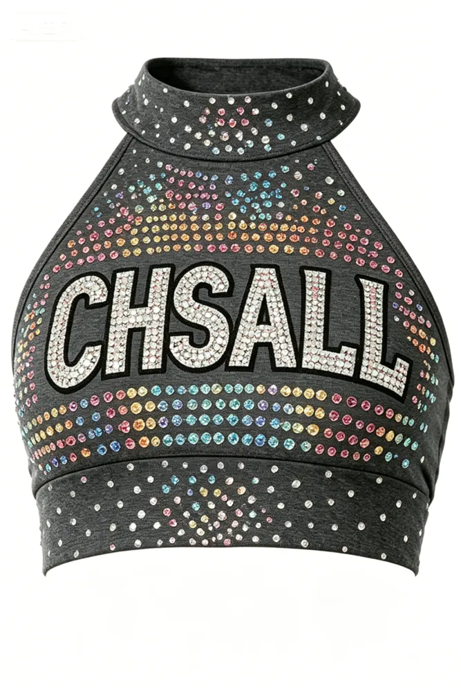 Rainbow Rhinestones Grey Shirts & Tops Sparkle Halter Off-shoulder Shiny Cheerleading Practice Wear Short Uniform – photo 5