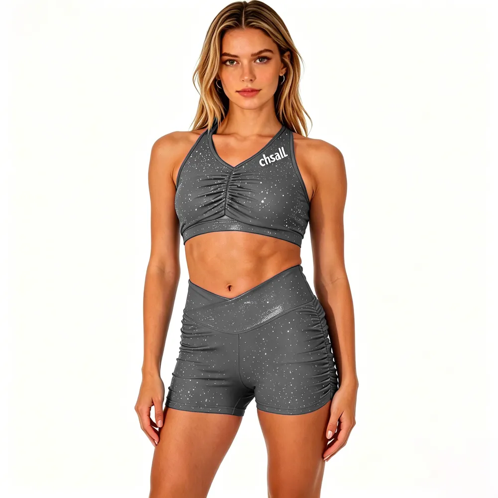 Plastisol Printing Grey Shirts & Tops Sparkle Halter Racerback Shiny Cheerleading Practice Wear Short Uniform – photo 2