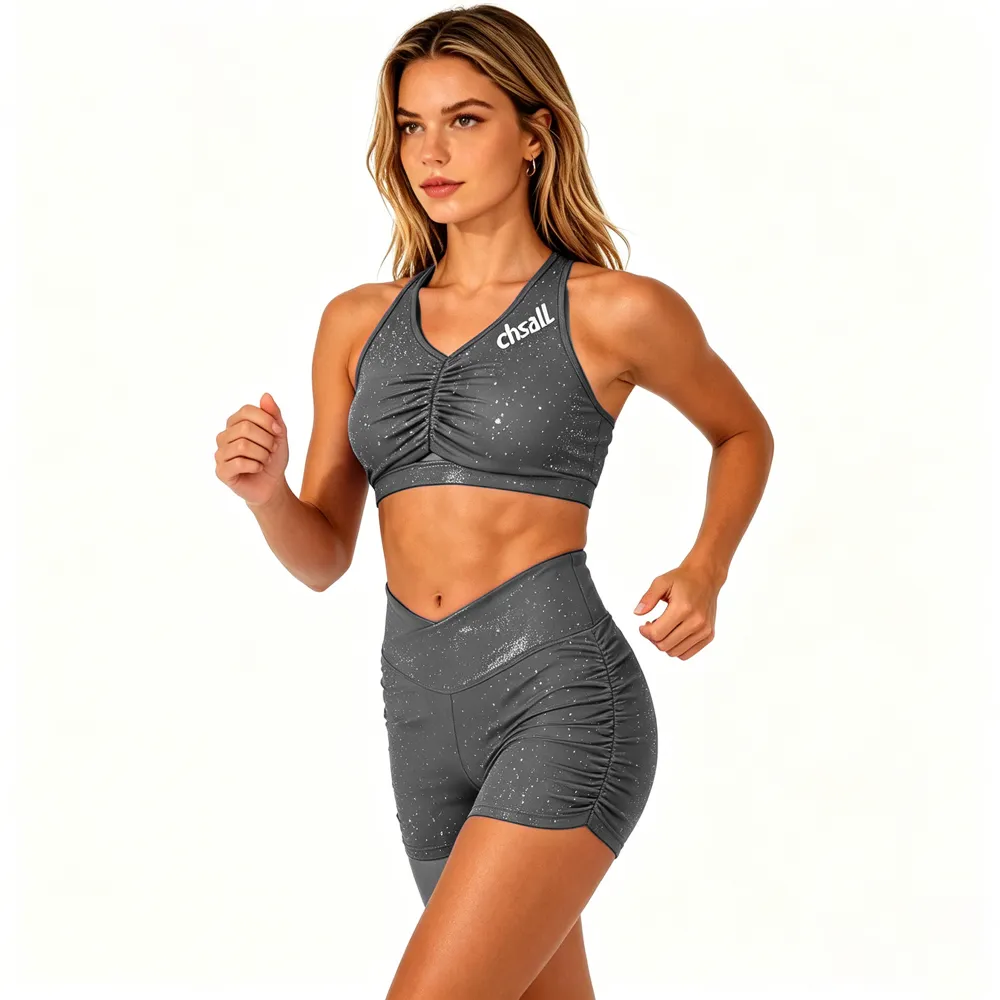 Plastisol Printing Grey Shirts & Tops Sparkle Halter Racerback Shiny Cheerleading Practice Wear Short Uniform – photo 5