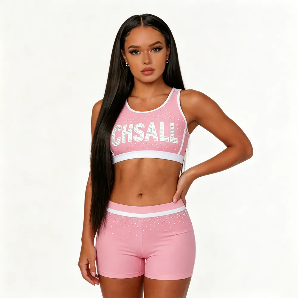logo Rhinestones Shirts & Tops Strappy Crisscross Back Design Shiny Cheerleading Practice Wear pink Color Shorts Uniforms – photo 2