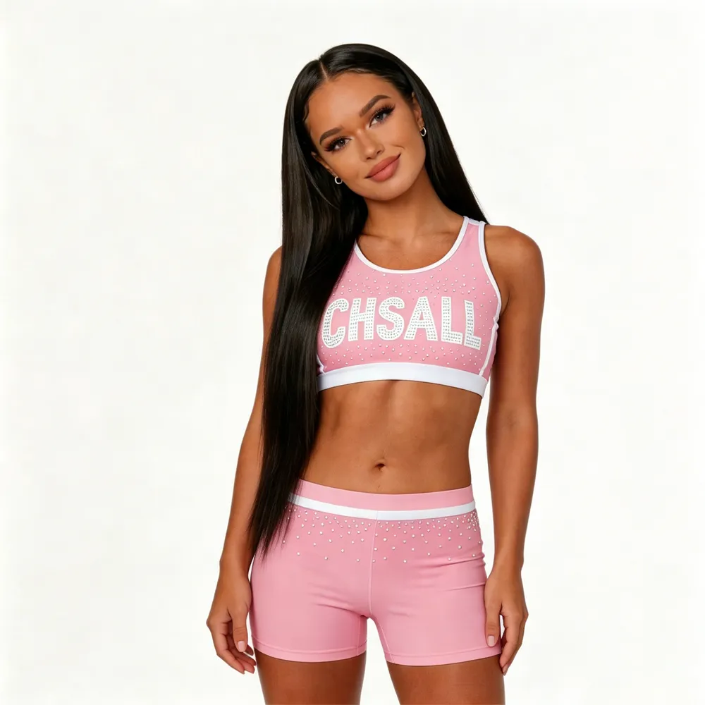 logo Rhinestones Shirts & Tops Strappy Crisscross Back Design Shiny Cheerleading Practice Wear pink Color Shorts Uniforms – photo 3