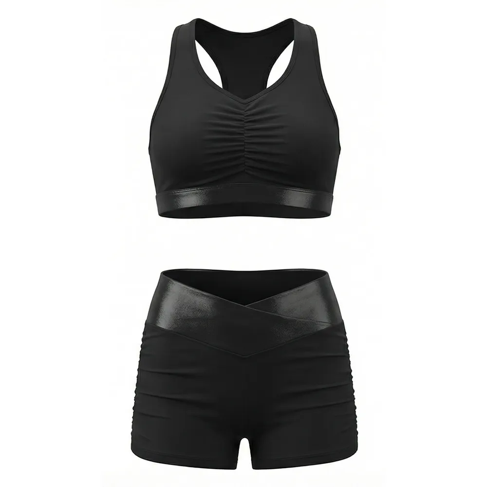 Girls Cheerleading Uniform Black Ruched Halter Crop Top with Shorts Dance Wear for Competition Training with Bow – photo 3