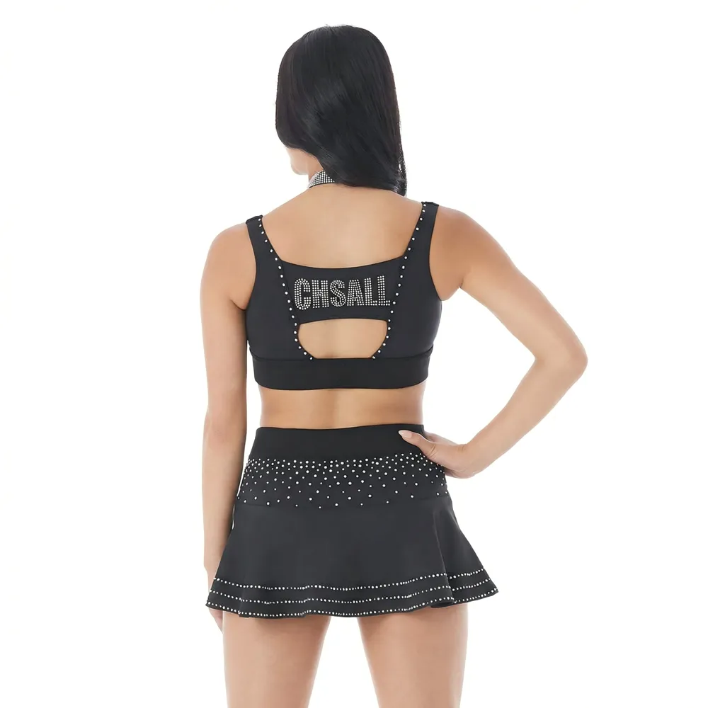 Professional Cheerleading Uniform Black Rhinestone Halter Cheer Wear Crop Top with Skort for All Star Cheer – photo 2