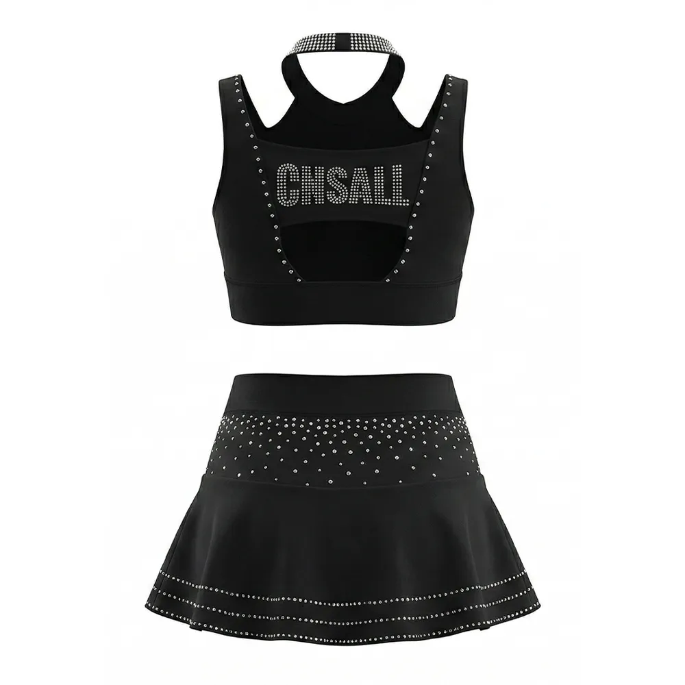 Professional Cheerleading Uniform Black Rhinestone Halter Cheer Wear Crop Top with Skort for All Star Cheer – photo 3