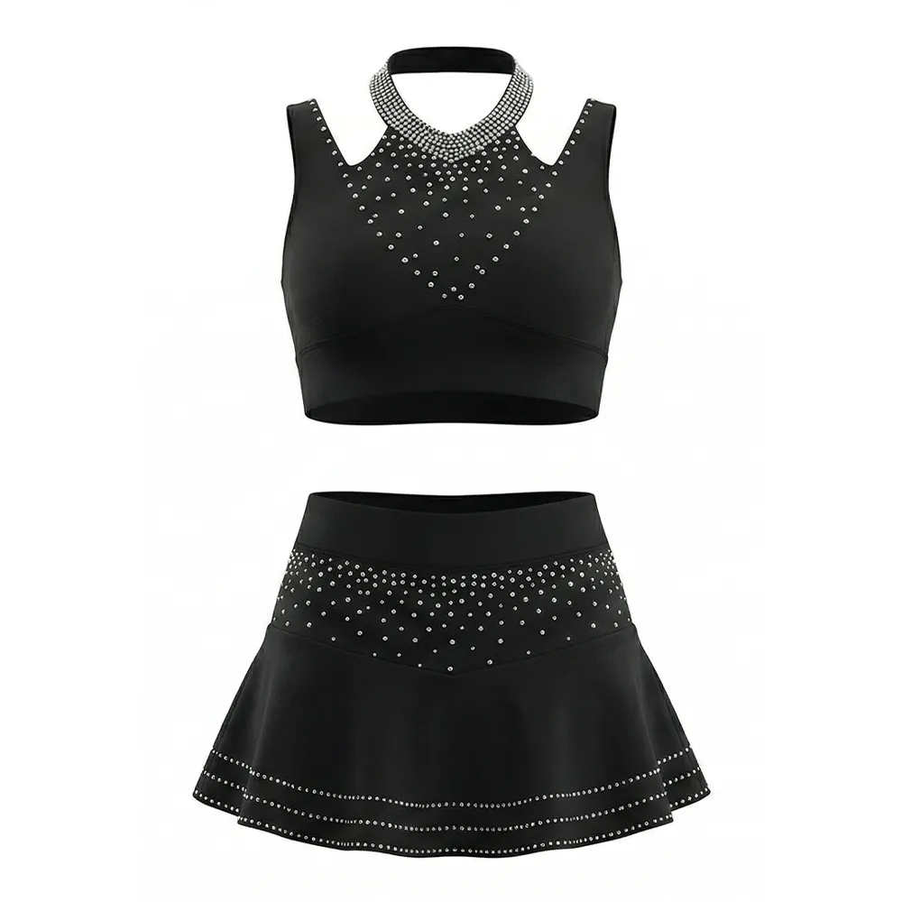 Professional Cheerleading Uniform Black Rhinestone Halter Cheer Wear Crop Top with Skort for All Star Cheer – photo 4