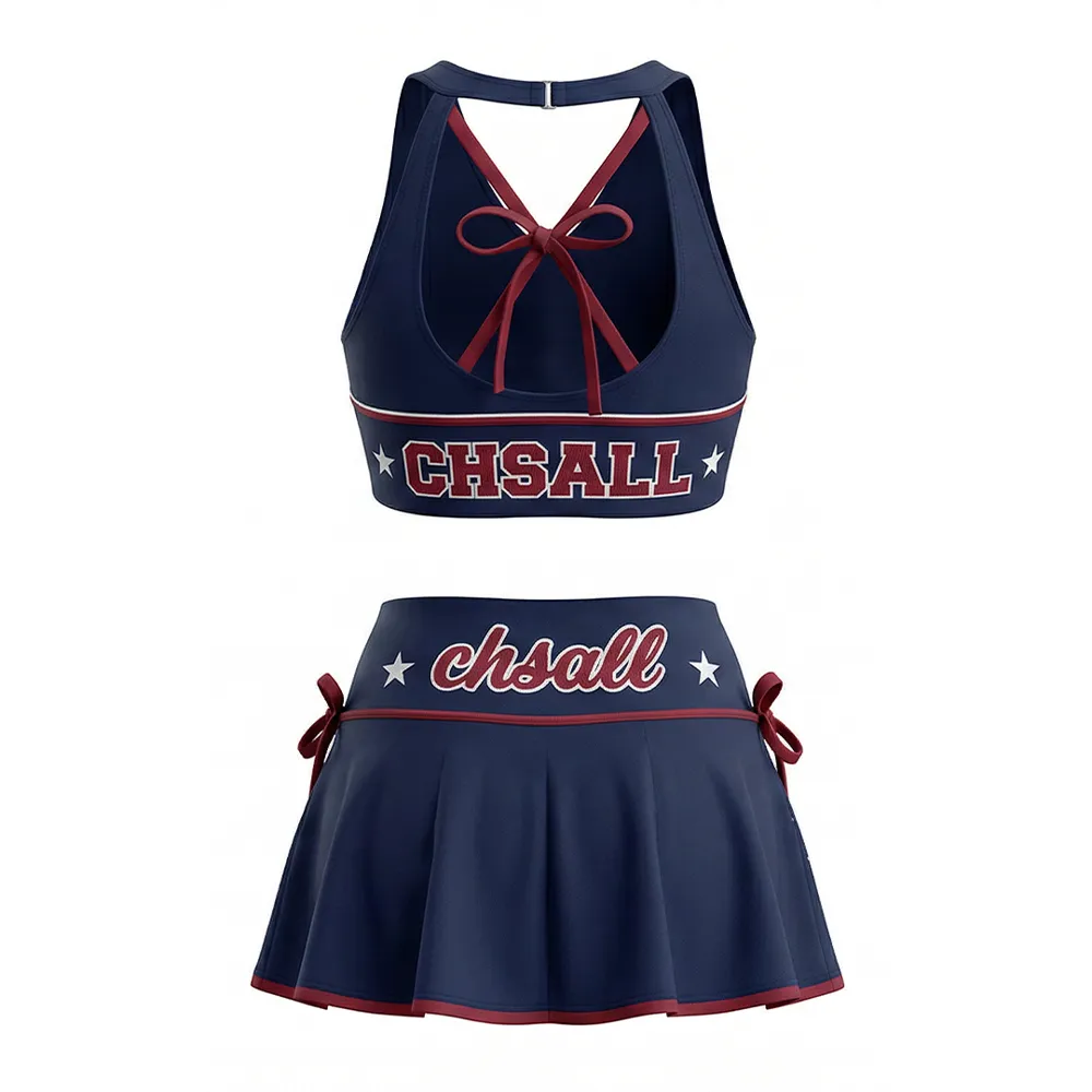 Girls Cheerleading Uniform Navy Maroon Rhinestone Halter Crop Top with Skirt Cheer Outfit for Competition – photo 3