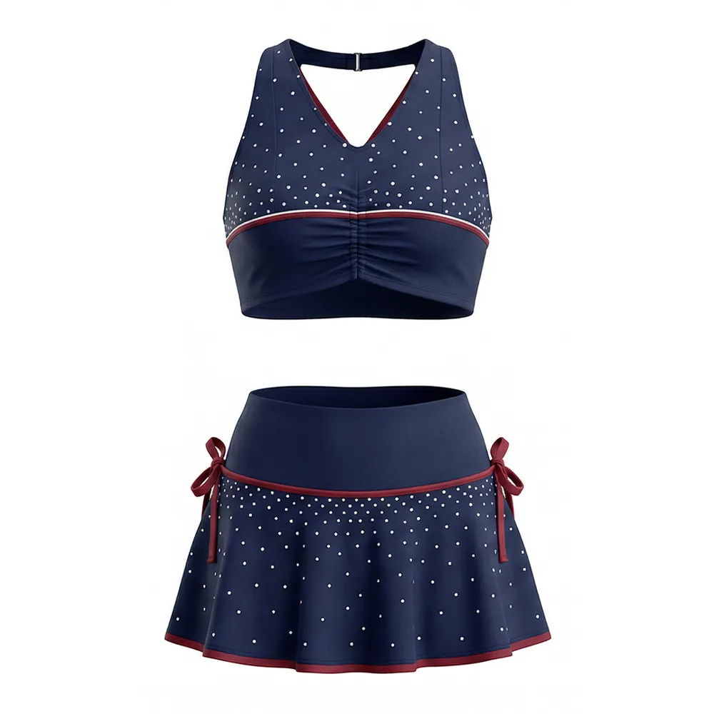 Girls Cheerleading Uniform Navy Maroon Rhinestone Halter Crop Top with Skirt Cheer Outfit for Competition – photo 4