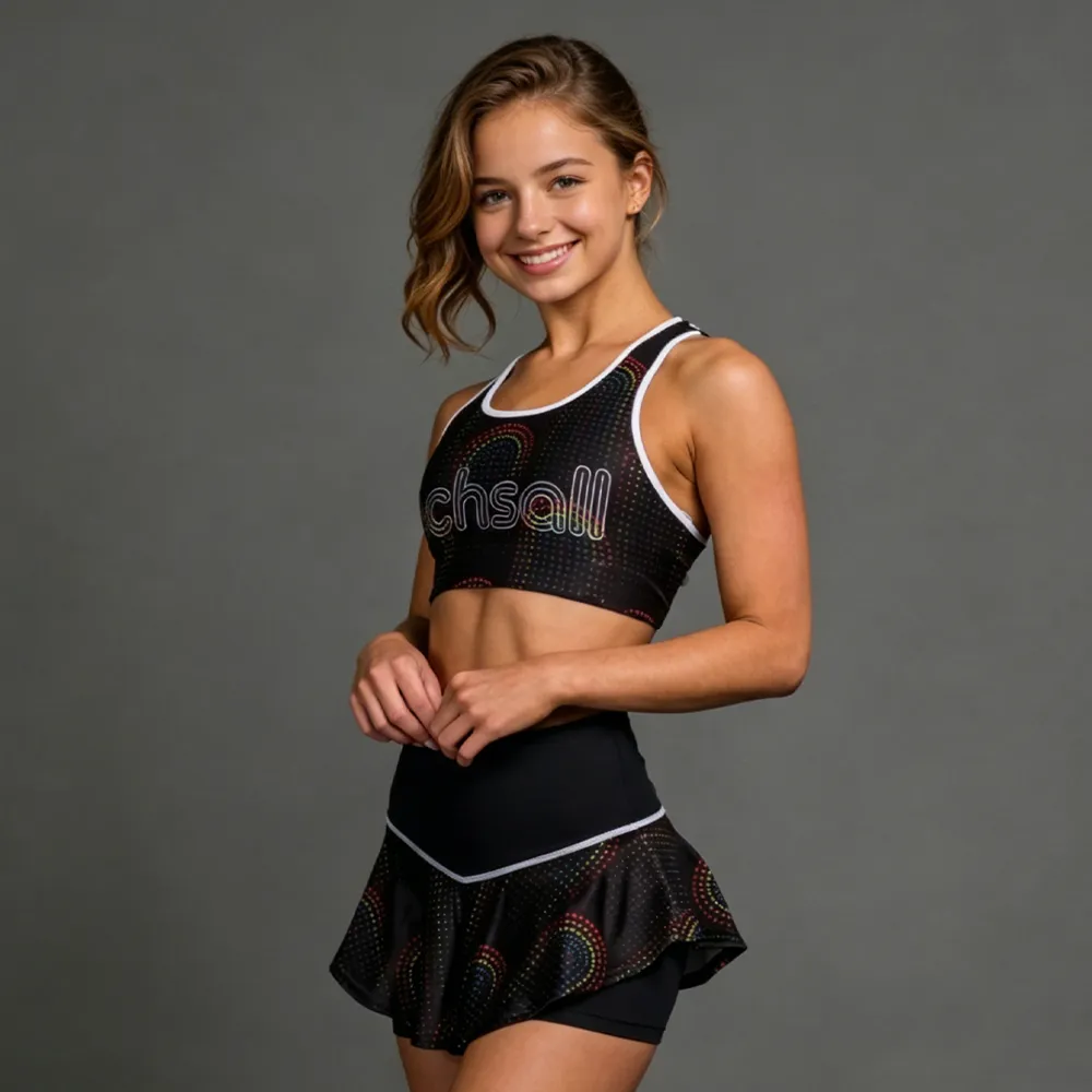 All Star Cheerleading Uniform Black Rainbow Print CHSALL Cheer Outfit Crop Top with Skirt – photo 2
