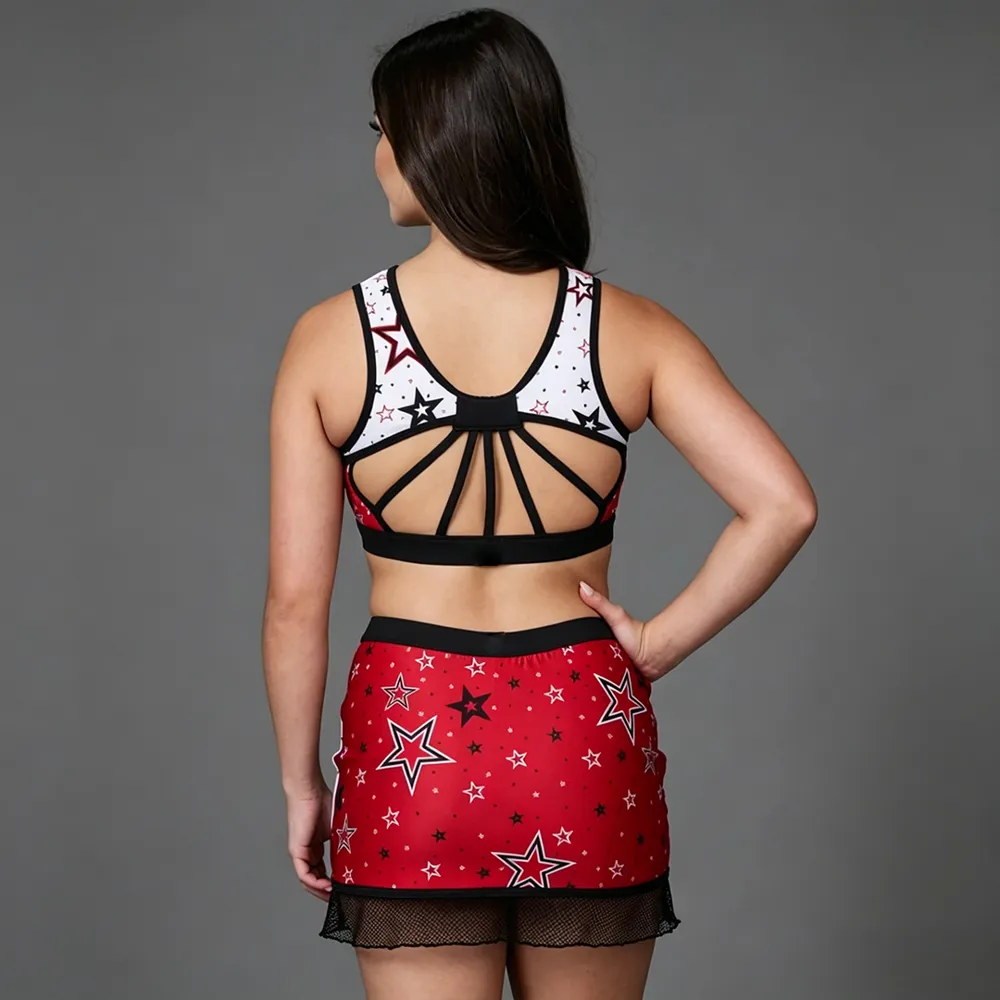 Sparkle Cheerleading Outfit for Teens Red White Star Print Crop Top Cheer Uniform for Stage Performance – photo 2