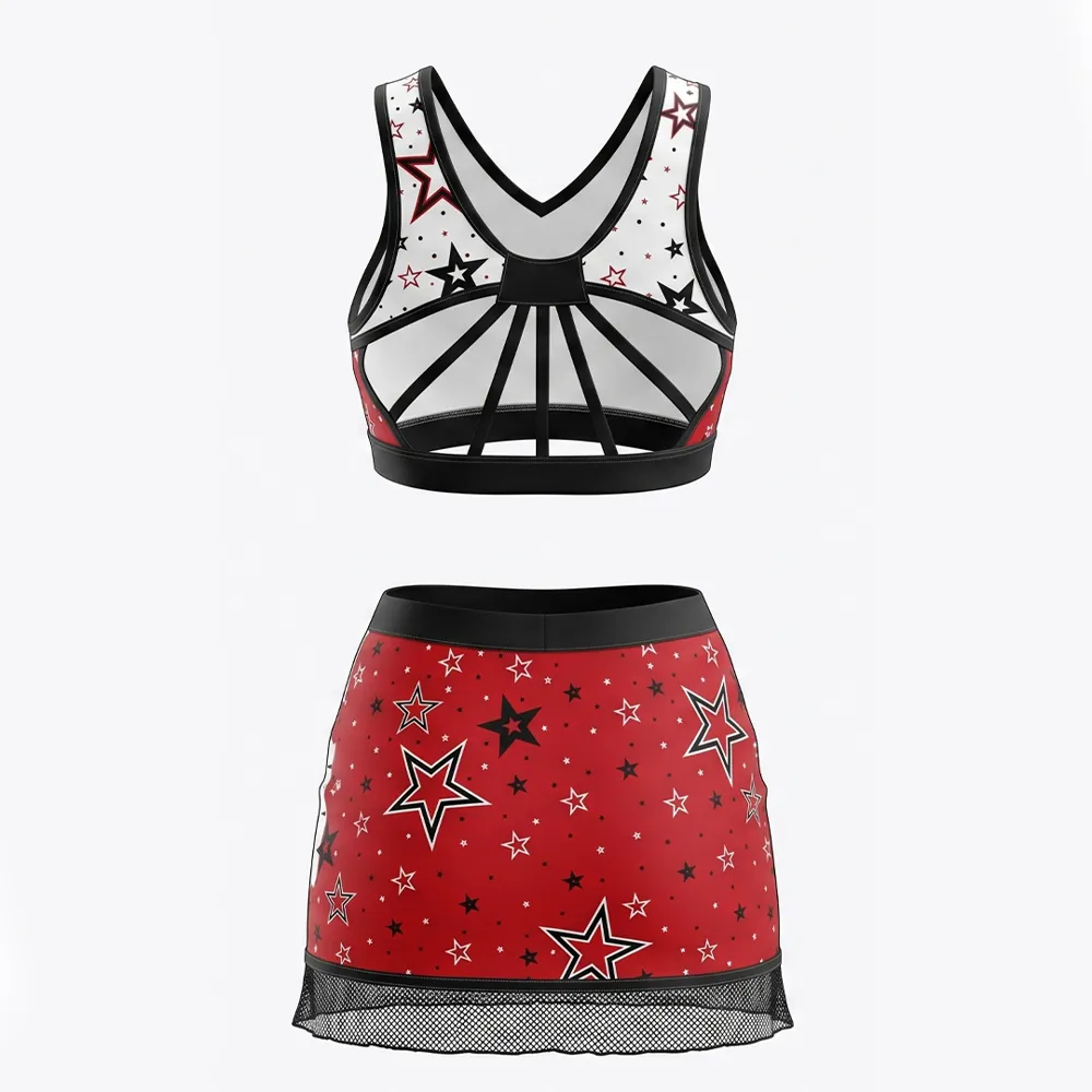 Sparkle Cheerleading Outfit for Teens Red White Star Print Crop Top Cheer Uniform for Stage Performance – photo 3