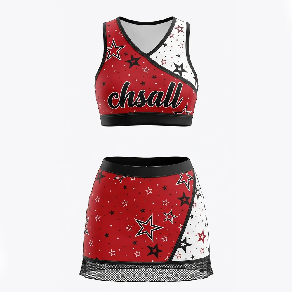 Sparkle Cheerleading Outfit for Teens Red White Star Print Crop Top Cheer Uniform for Stage Performance – photo 4