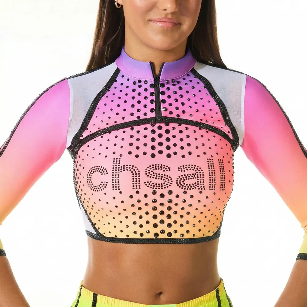 Cheerleading Costume Set Neon Rainbow Gradient Long Sleeve Crop Top with Shorts Cheer Gear for Performance – photo 3
