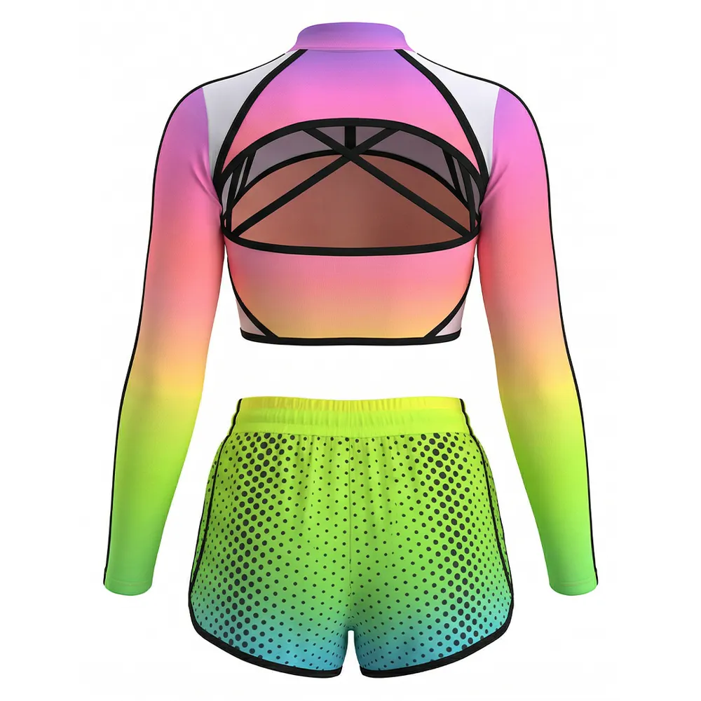 Cheerleading Costume Set Neon Rainbow Gradient Long Sleeve Crop Top with Shorts Cheer Gear for Performance – photo 4