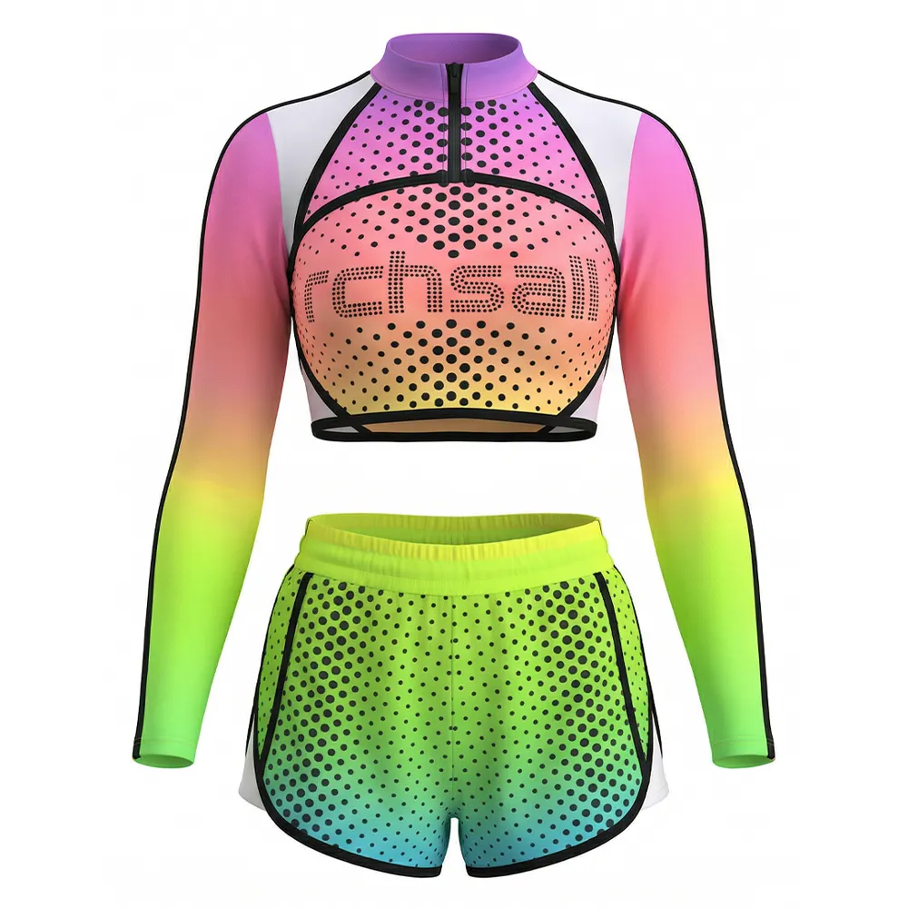 Cheerleading Costume Set Neon Rainbow Gradient Long Sleeve Crop Top with Shorts Cheer Gear for Performance – photo 5