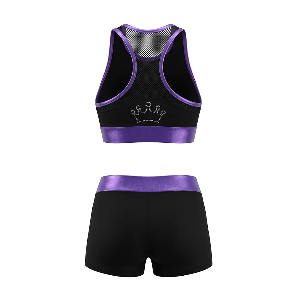 Customizable Rhinestone Cheer Crop Top + Shorts Set, Black & Purple Shiny Trim Outfit for Teens, Cheer Practice & Performance – photo 3