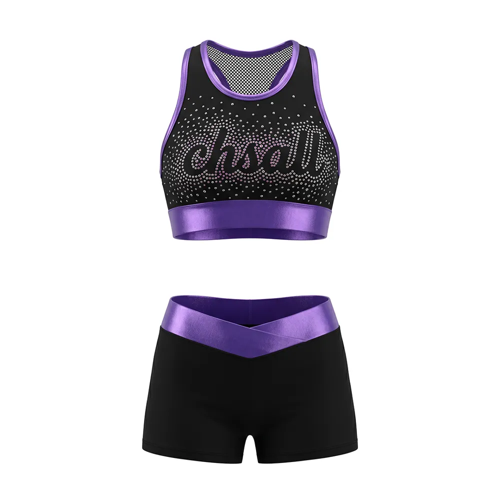 Customizable Rhinestone Cheer Crop Top + Shorts Set, Black & Purple Shiny Trim Outfit for Teens, Cheer Practice & Performance – photo 4