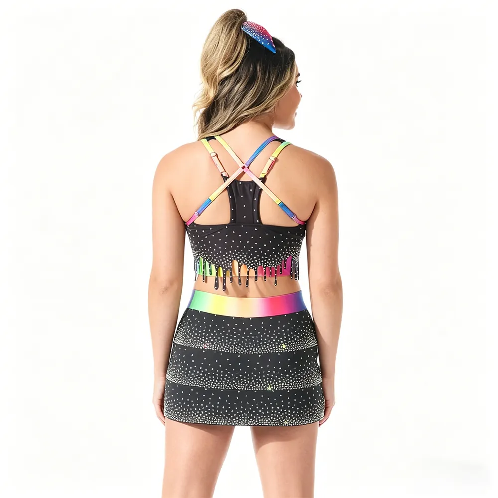 All Star Cheerleading Uniform Black Rainbow Drip Rhinestone Cheer Outfit Crop Top with Skirt for Competition – photo 2