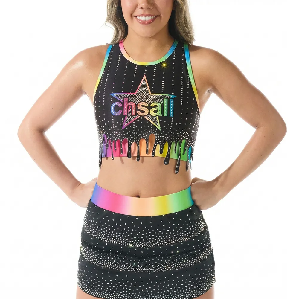 All Star Cheerleading Uniform Black Rainbow Drip Rhinestone Cheer Outfit Crop Top with Skirt for Competition – photo 3