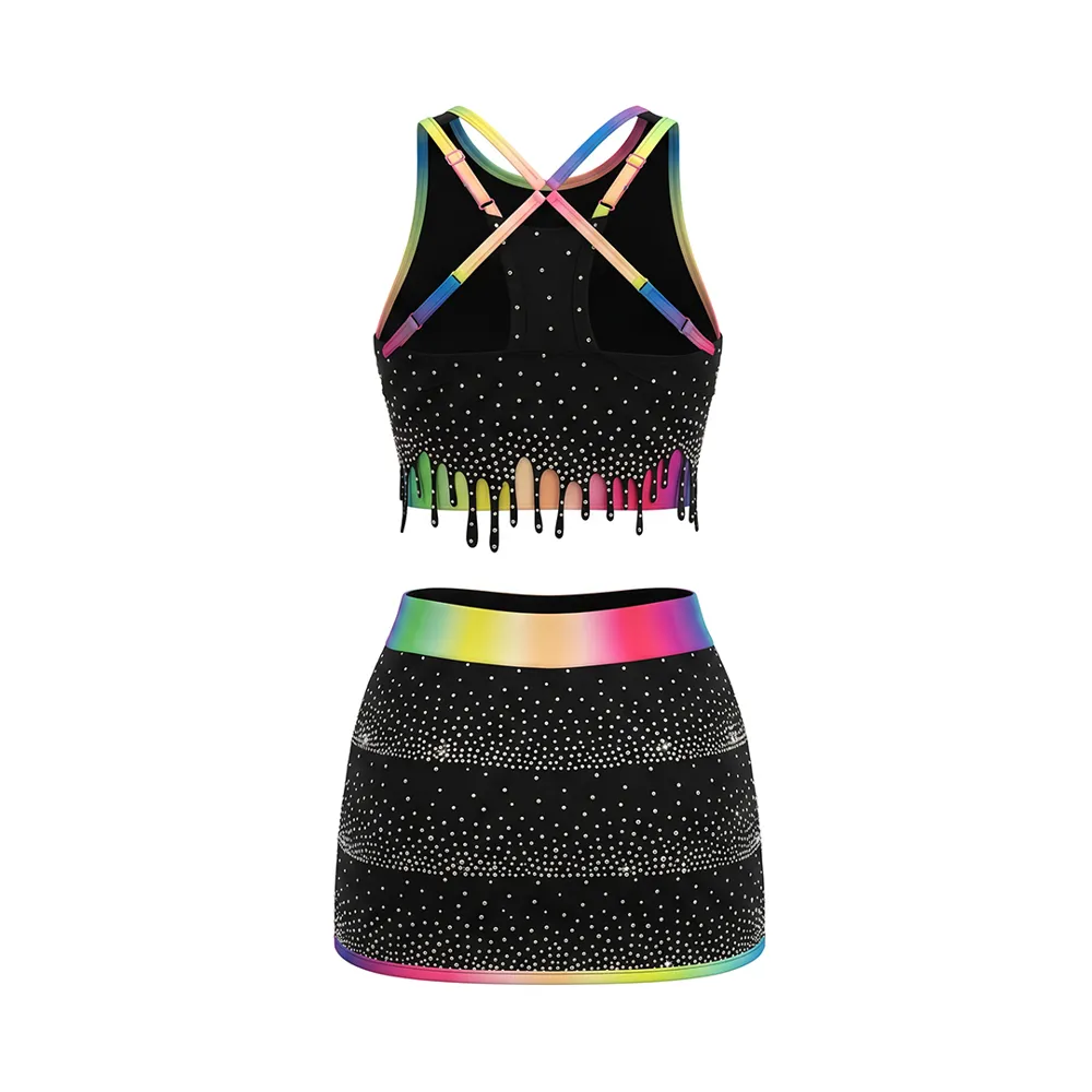 All Star Cheerleading Uniform Black Rainbow Drip Rhinestone Cheer Outfit Crop Top with Skirt for Competition – photo 4