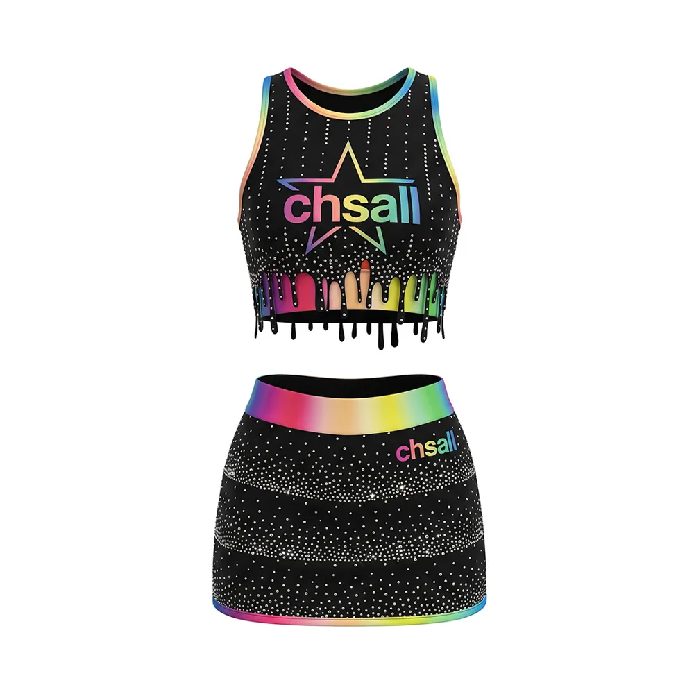 All Star Cheerleading Uniform Black Rainbow Drip Rhinestone Cheer Outfit Crop Top with Skirt for Competition – photo 5