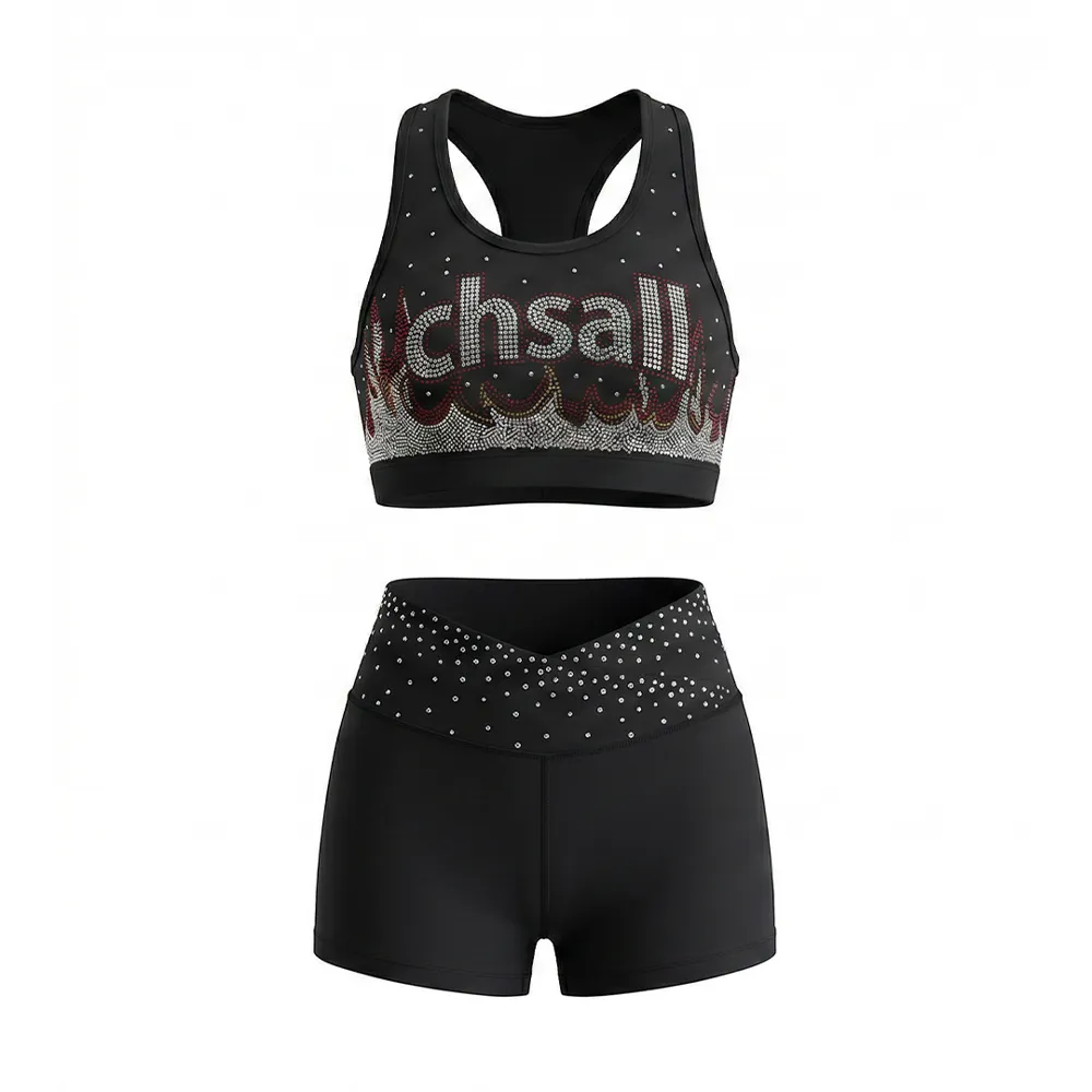 Competition-Ready Black Cheer Set Red Silver Flame Rhinestone Crop Top Shorts for Teen Performances – photo 2
