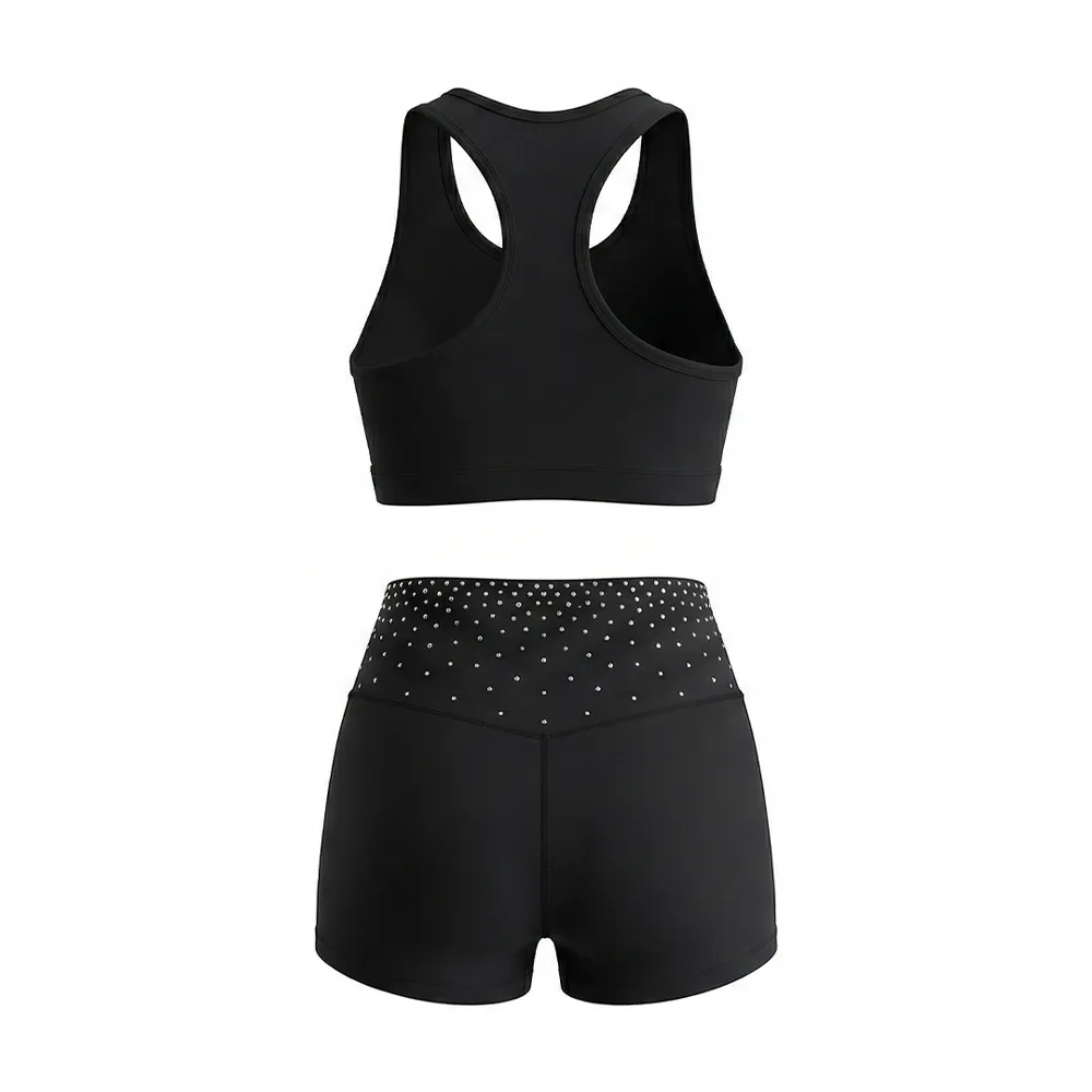 Competition-Ready Black Cheer Set Red Silver Flame Rhinestone Crop Top Shorts for Teen Performances – photo 3