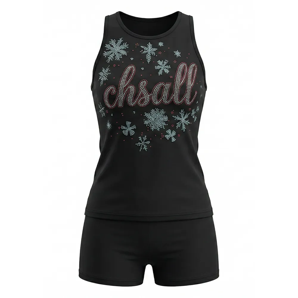 Sparkle Cheerleading Uniform Black Snowflake Rhinestone Cheer Wear Tank Top Uniform with Shorts – photo 2