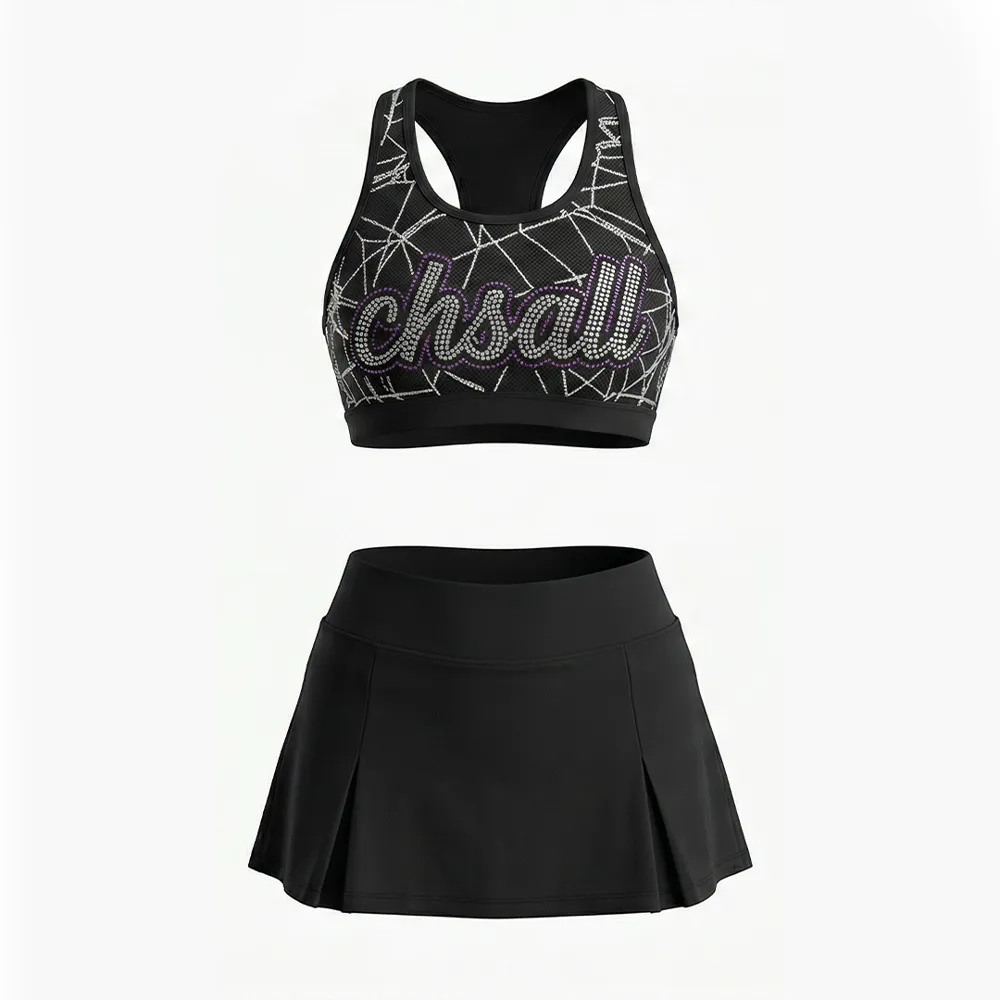 All Star Edgy Geometric Cheer Practice Set Black Racerback Rhinestone Crop Top with Skirt – photo 4