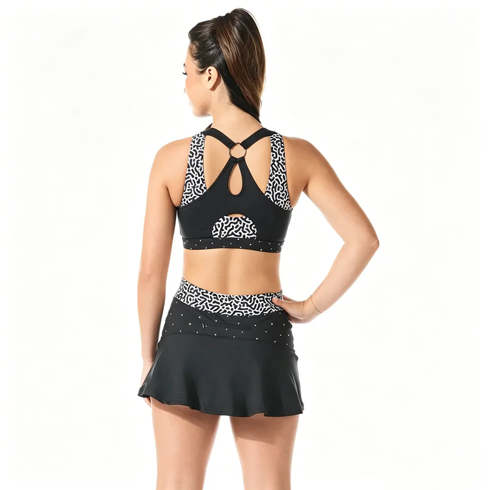 Competition-Ready Black Cheer Set Geometric Trim Rhinestone Halter Top & Skirt for Teen Girls – photo 2