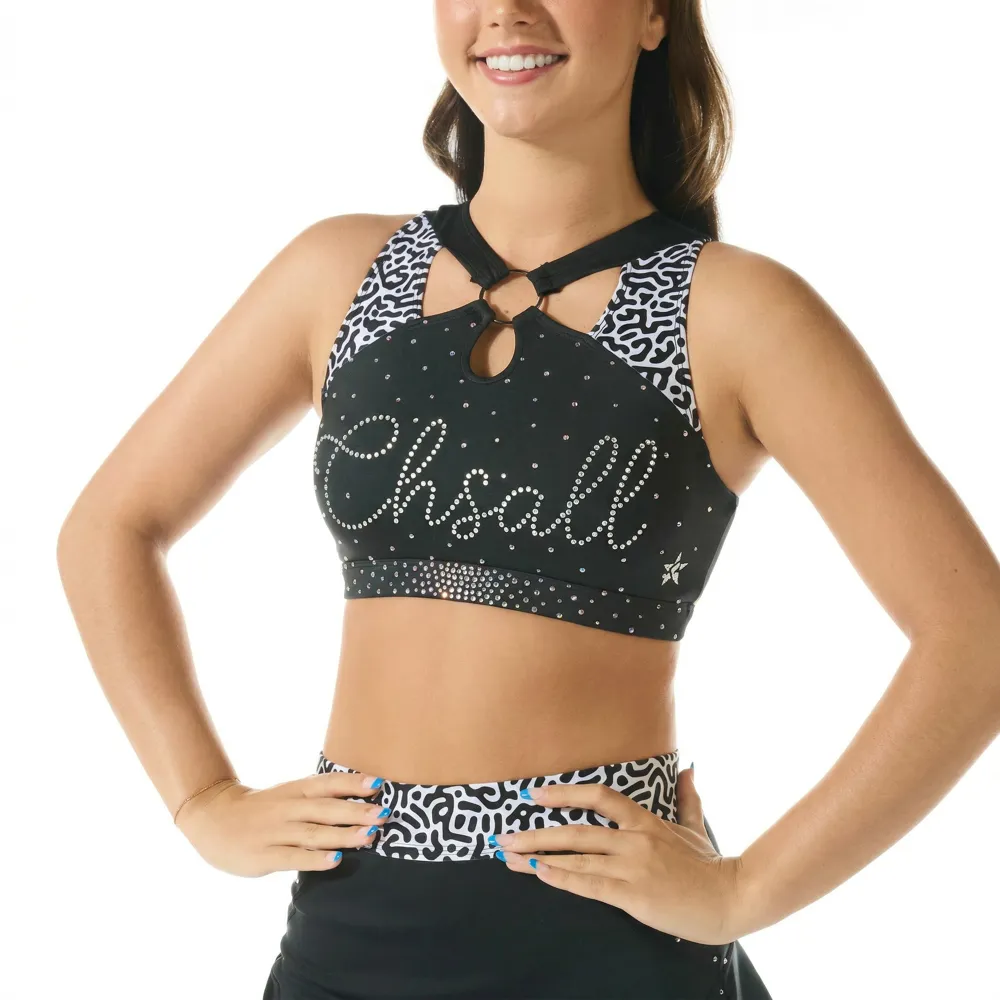 Competition-Ready Black Cheer Set Geometric Trim Rhinestone Halter Top & Skirt for Teen Girls – photo 3