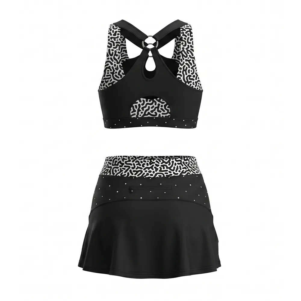 Competition-Ready Black Cheer Set Geometric Trim Rhinestone Halter Top & Skirt for Teen Girls – photo 4