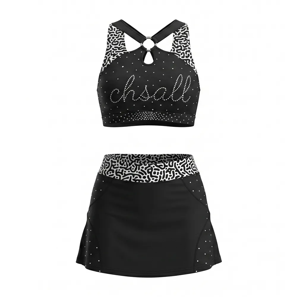 Competition-Ready Black Cheer Set Geometric Trim Rhinestone Halter Top & Skirt for Teen Girls – photo 5