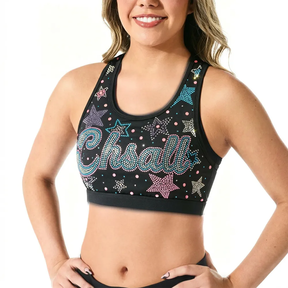 Competition-Ready Black Cheer Rainbow Star Rhinestone Racerback Crop Top Full-body Tight Suit for Teen Girls – photo 2