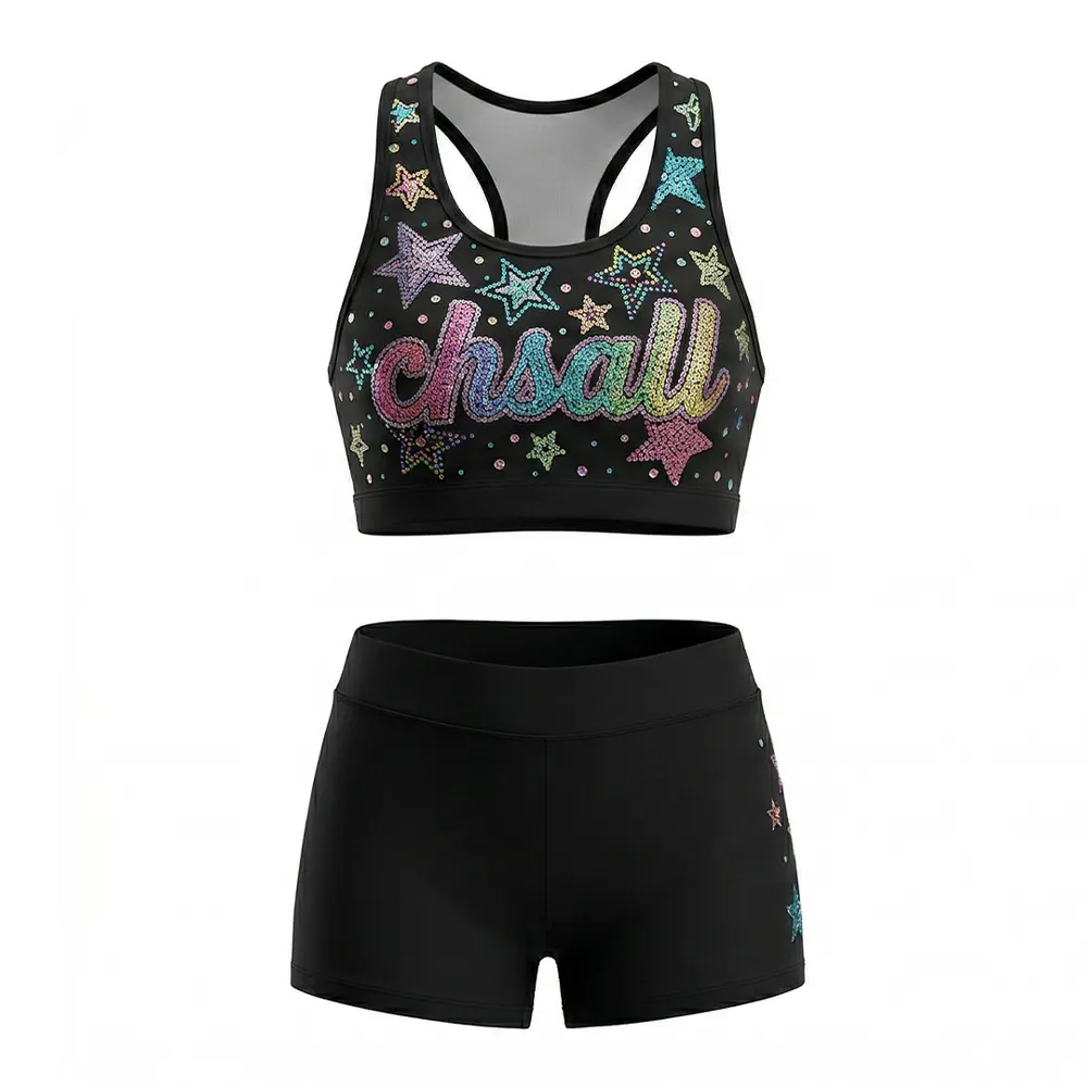 Competition-Ready Black Cheer Rainbow Star Rhinestone Racerback Crop Top Full-body Tight Suit for Teen Girls – photo 3
