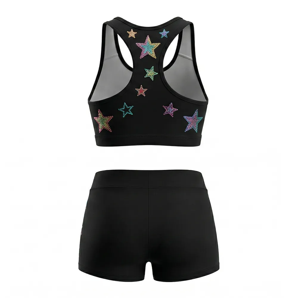 Competition-Ready Black Cheer Rainbow Star Rhinestone Racerback Crop Top Full-body Tight Suit for Teen Girls – photo 4