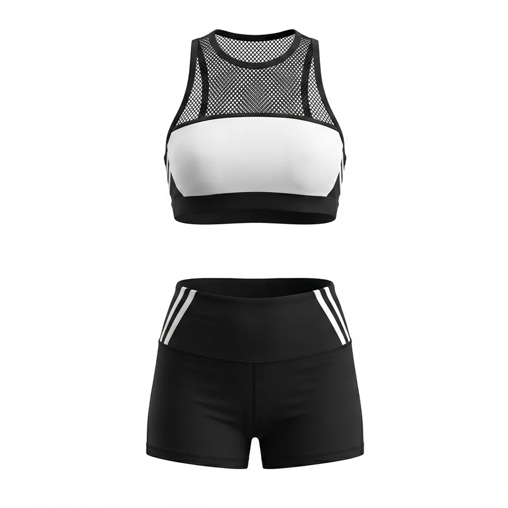 All Star Black White Cheer Set Breathable Mesh High Neck Crop Top with Stripe Shorts for Performances – photo 3
