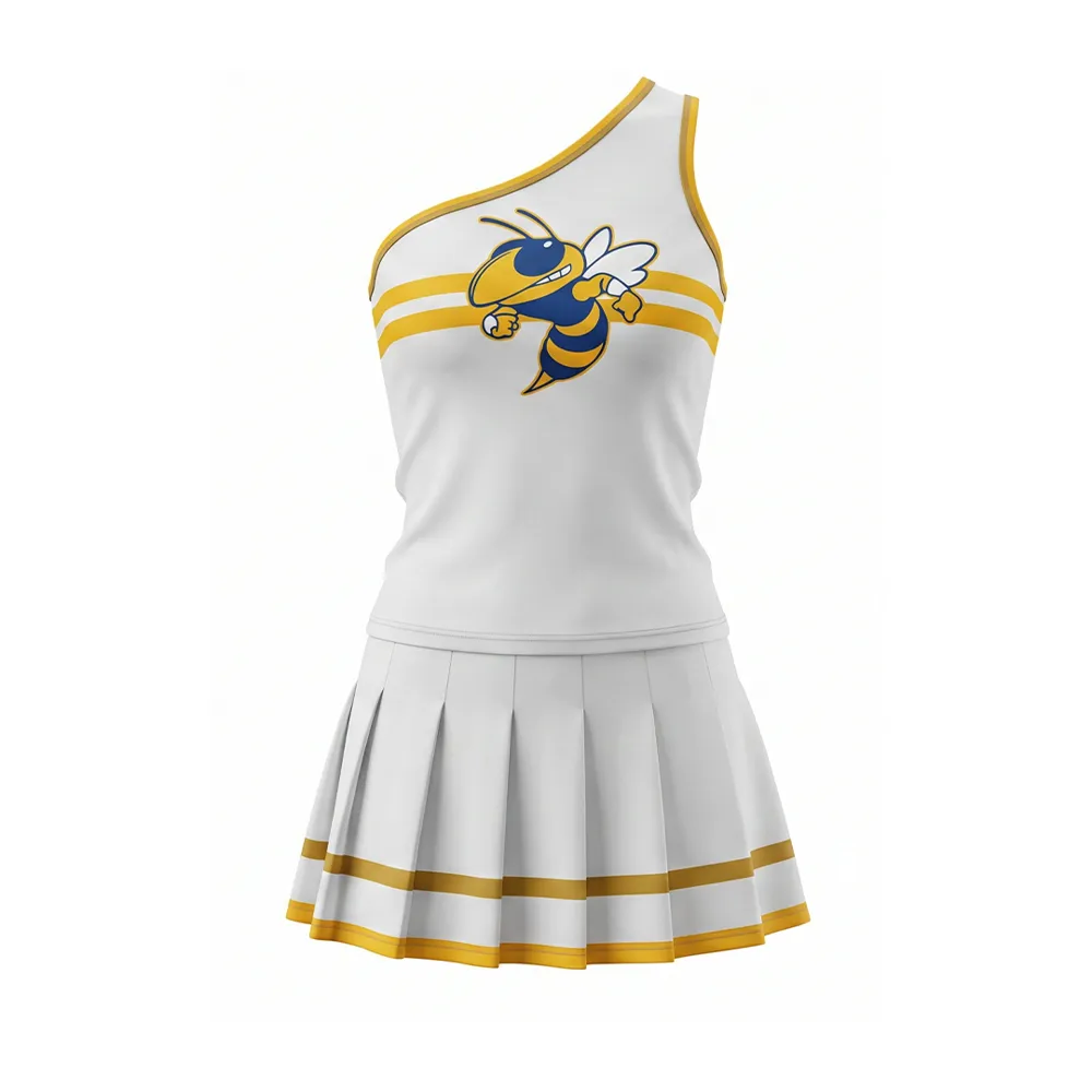 Game Day Ready White Gold Cheer Uniform Hornet Mascot One Shoulder Top & Skirt for Teen Girls – photo 3