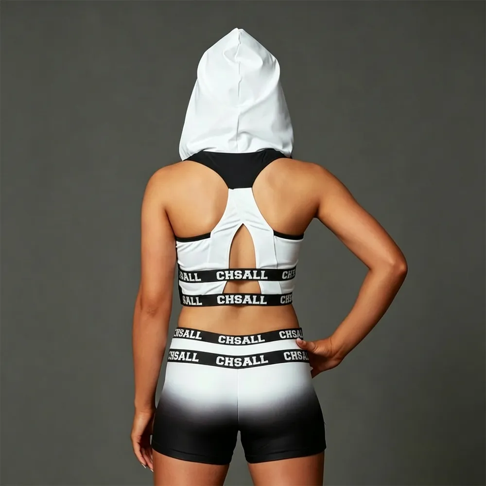 Street-Style Star Cheer Practice Set Black White Hooded Crop Top & Ombre Shorts for Girls – photo 2
