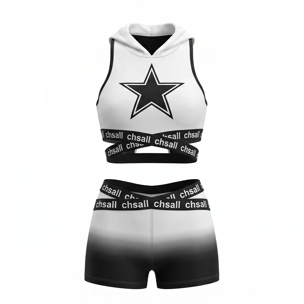 Street-Style Star Cheer Practice Set Black White Hooded Crop Top & Ombre Shorts for Girls – photo 3