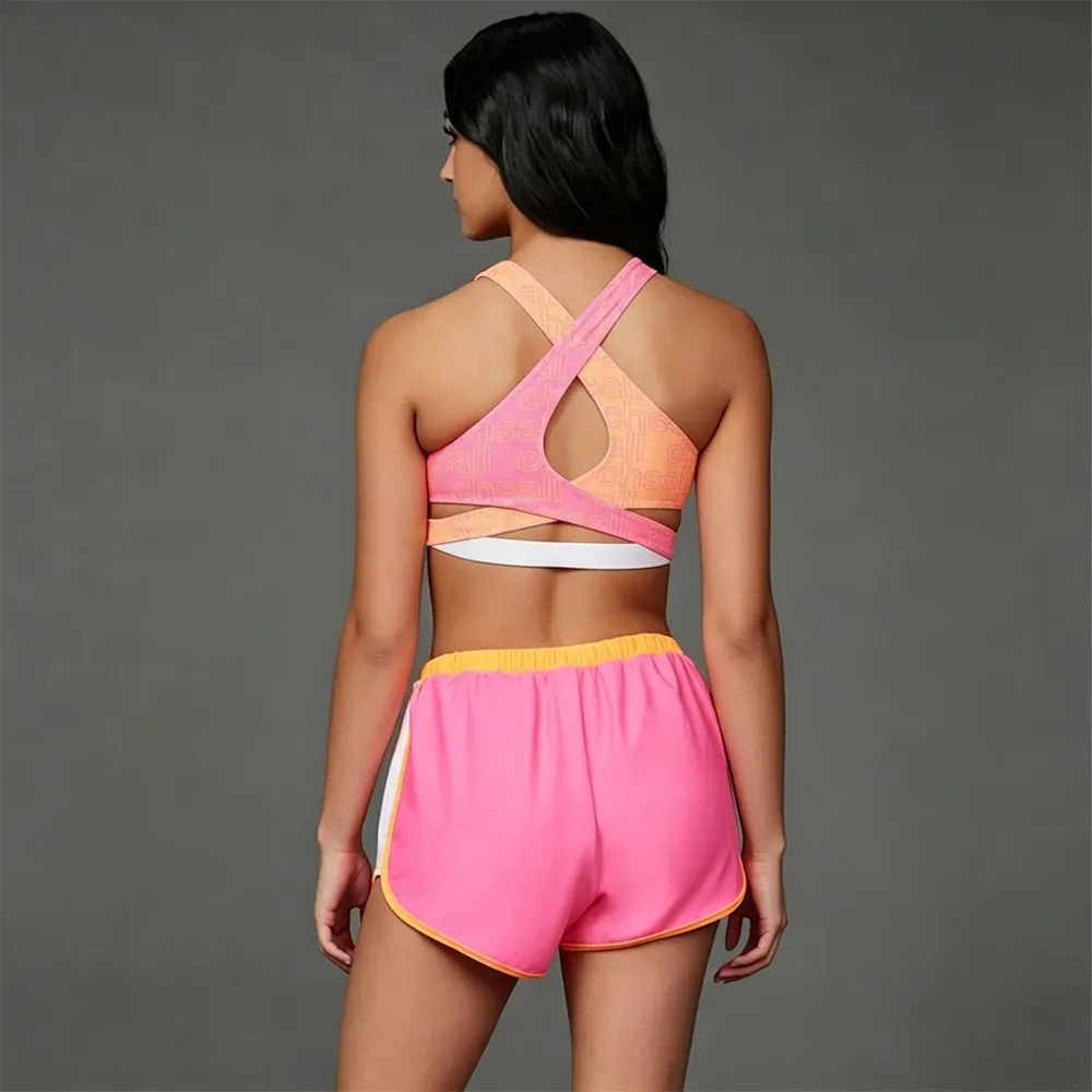 Youth Vibe Pink Orange Ombre Cheer Outfit All-Over Print Wrap Halter Top with Shorts for Girls – photo 2